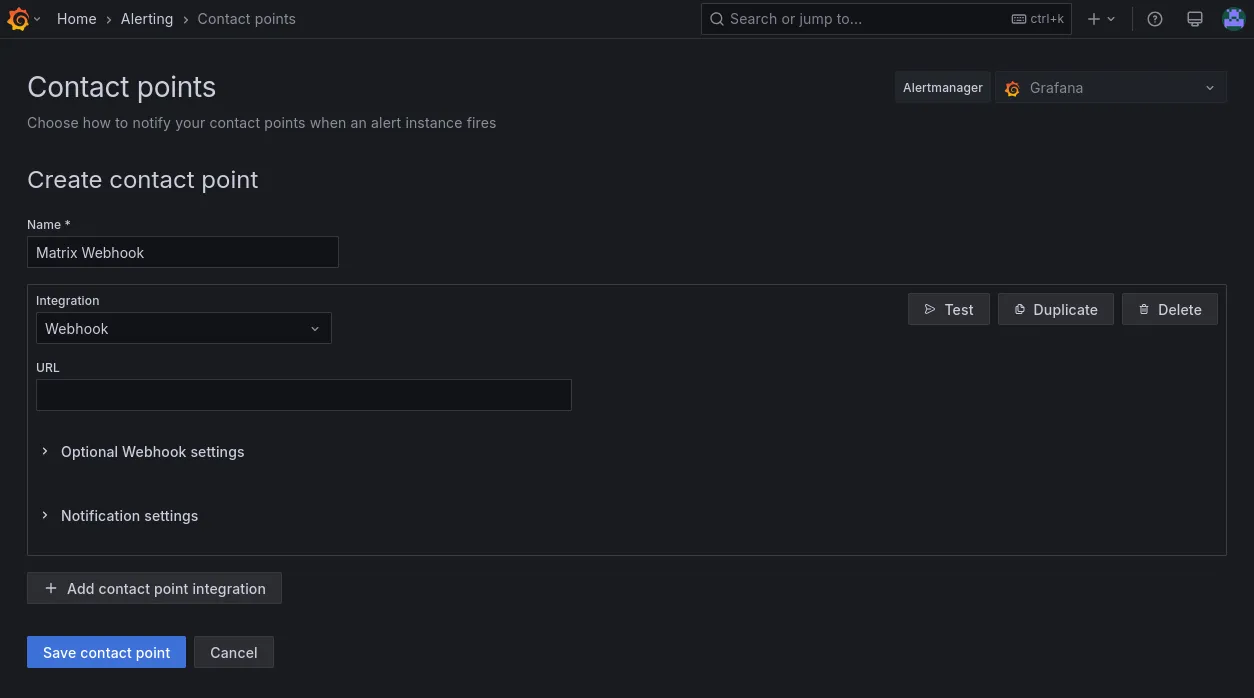 Grafana's Contact Point Configuration Page